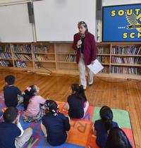 Presenting to a class at Southwark School's Kindergarten Library Card Drive 2017.